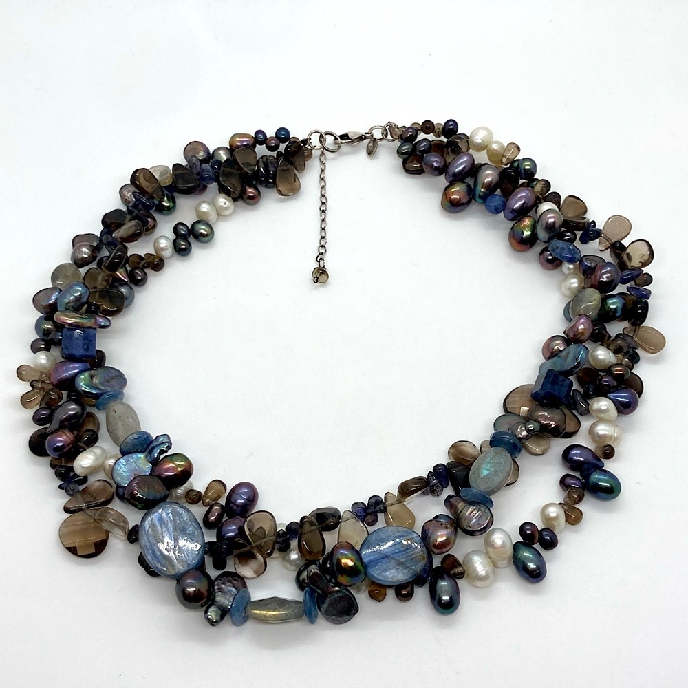 Vtg 925 Sterling Multi Gemstone Labradorite Pearl Lapis Quartz Layered Necklace